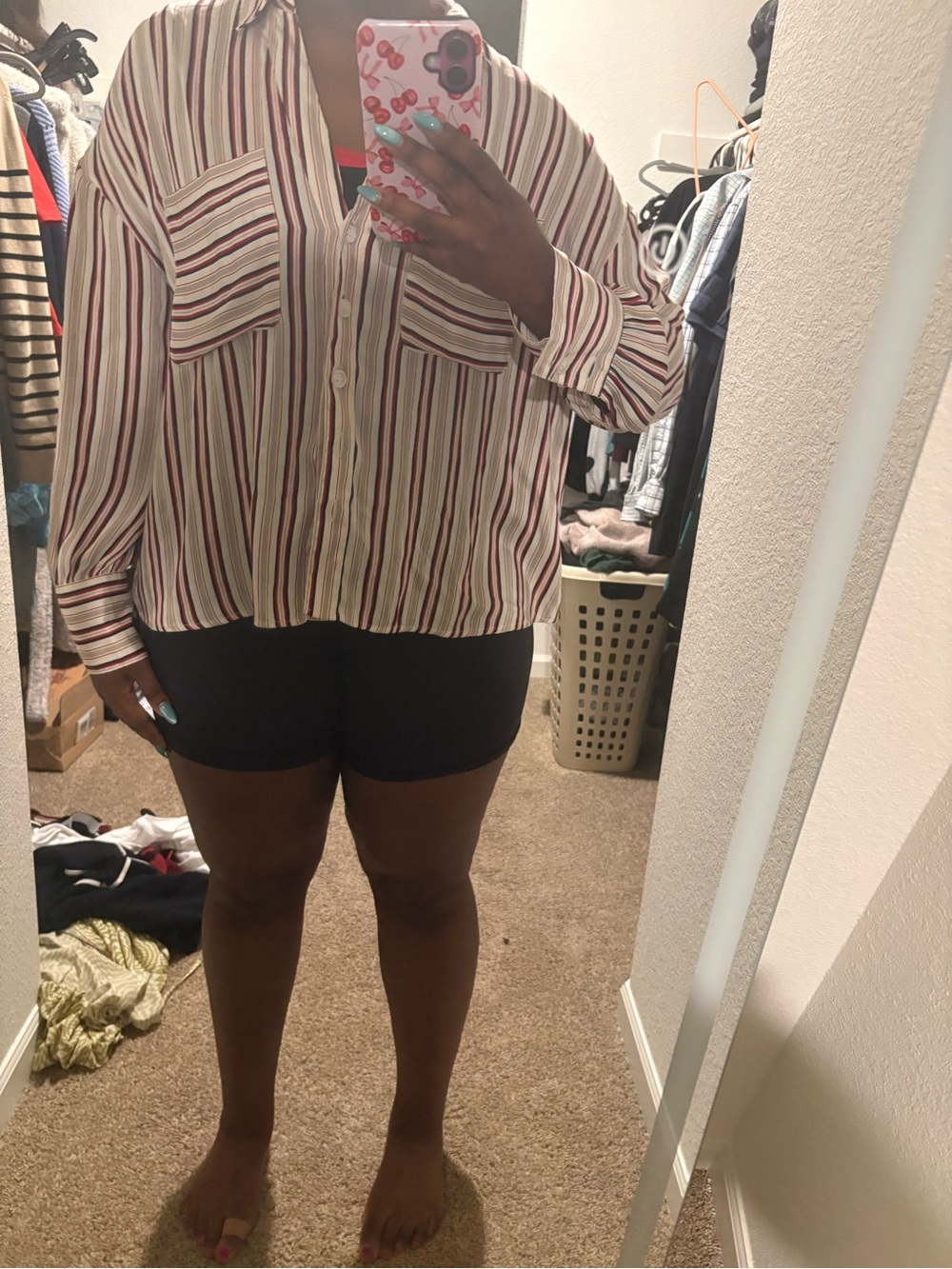 Free People Cream Button-Down Shirt with Red & Brown Stripes